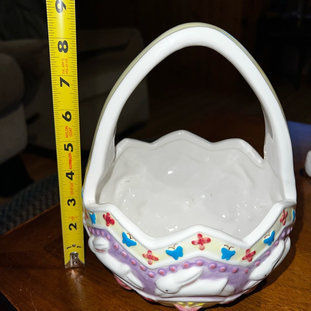 Ceramic Multicolored Easter Basket With Rabbit And Flowers - Picture 10 of 10